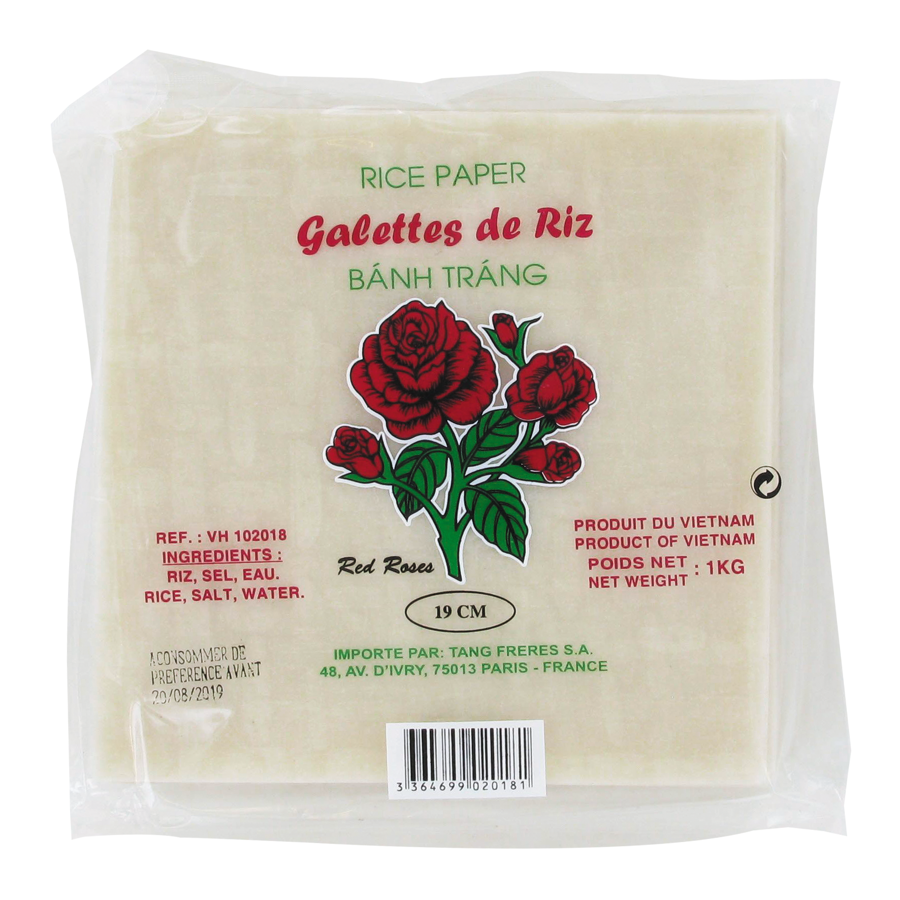 Galettes de riz carré 19cm (米片19cm) RED ROSES - Épicerie sucrée et salée,  Galettes, Pâtes, Vermicelles - Tang Frères